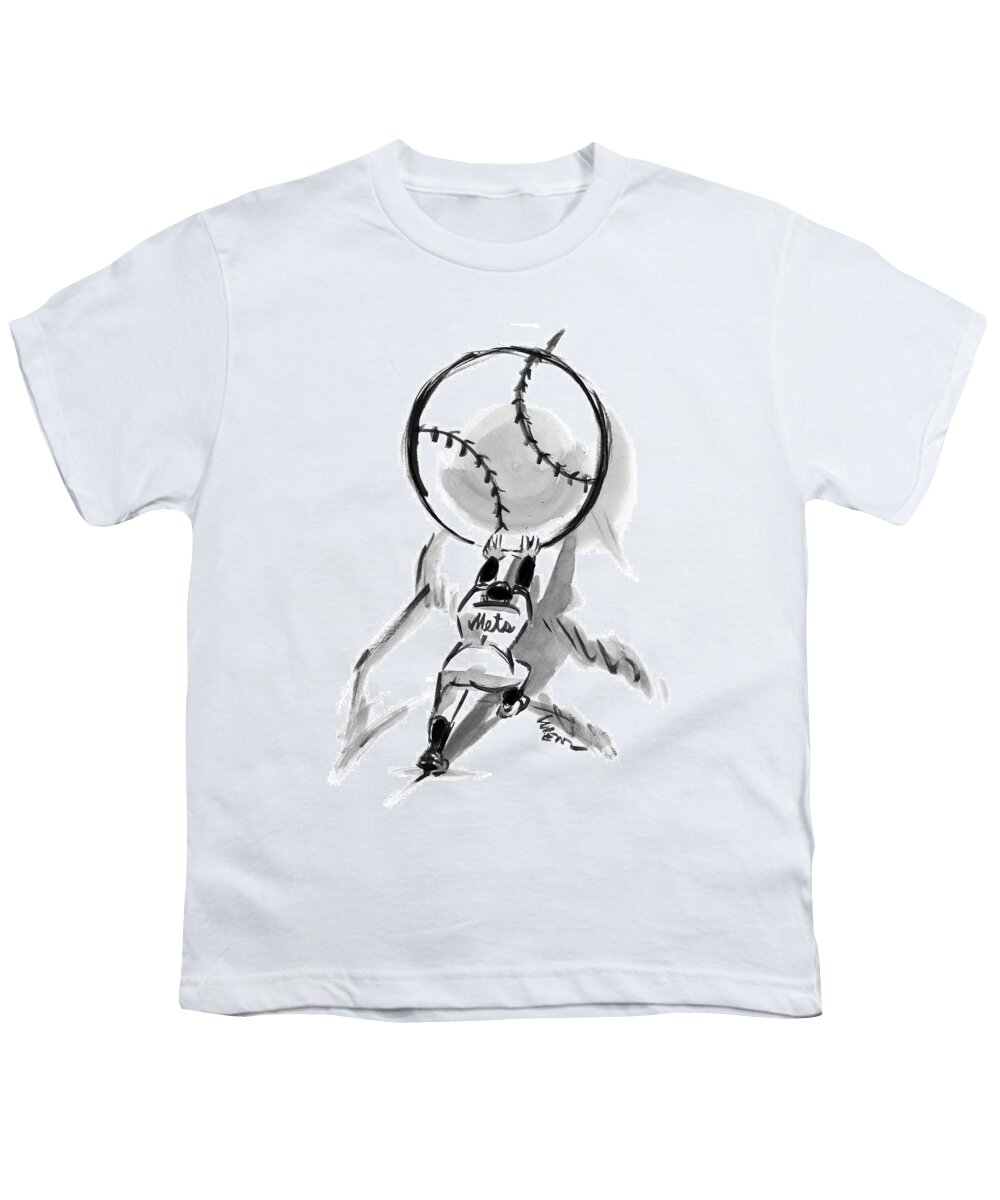 Sisyphus Youth T-Shirt featuring the drawing A Mets Player Pushes A Giant Baseball by Lee Lorenz