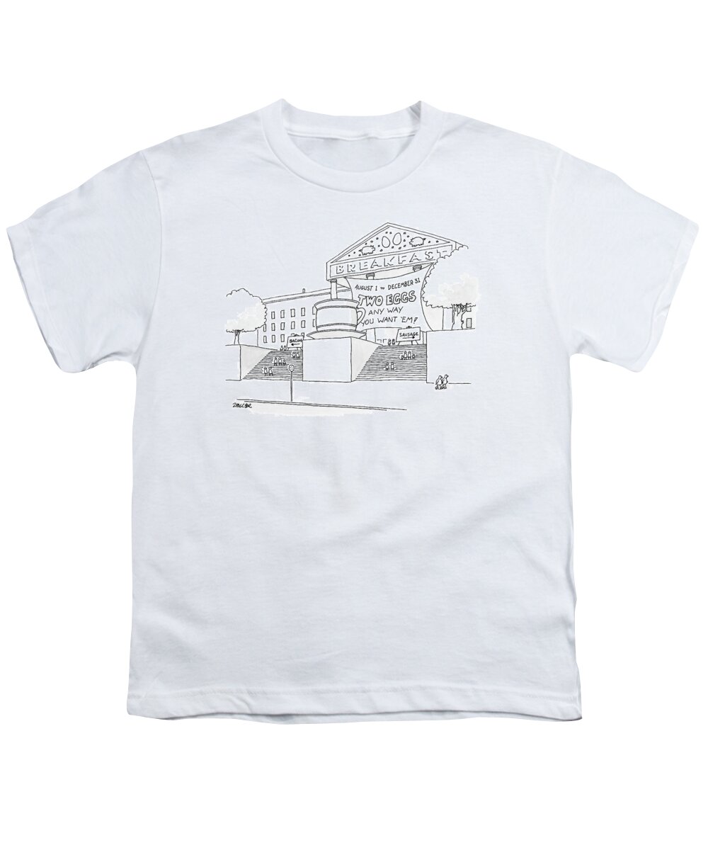 Breakfast Youth T-Shirt featuring the drawing A Museum-like Building Is Dedicated To Breakfast by Jack Ziegler