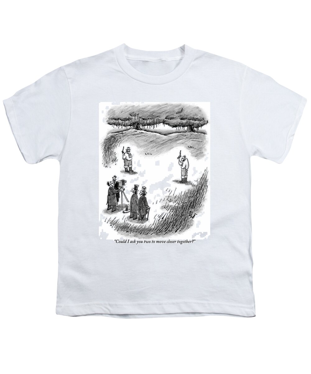 Photographer Youth T-Shirt featuring the drawing A Photographer Directs Two Men With Guns Facing by Frank Cotham