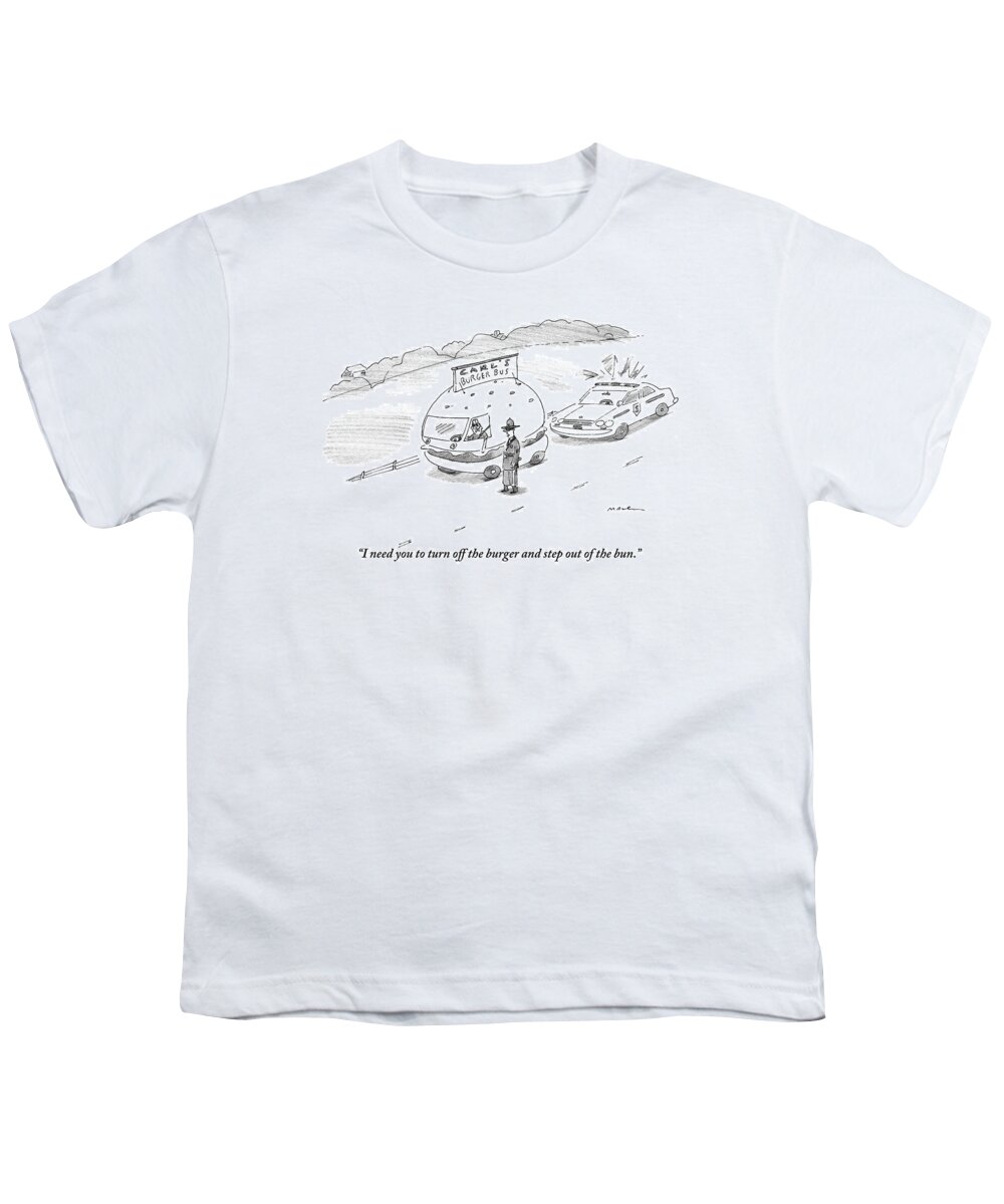 Automobiles Youth T-Shirt featuring the drawing A Policeman Has Pulled Over A Man Driving A Car by Michael Maslin