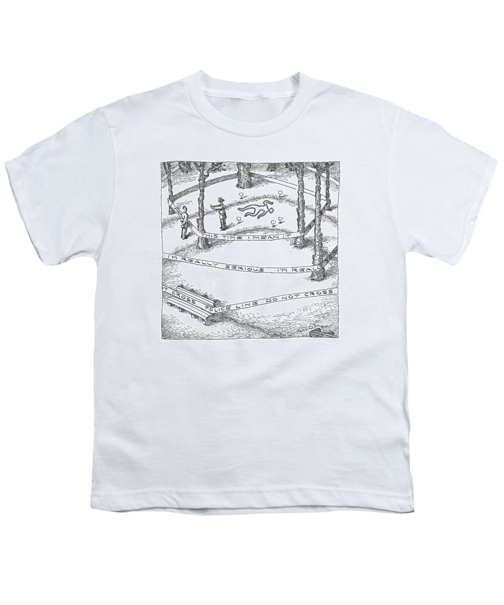 Crime Scene Youth T-Shirt featuring the drawing A Policeman Holds His Hands Up To Stop A Man by John O'Brien