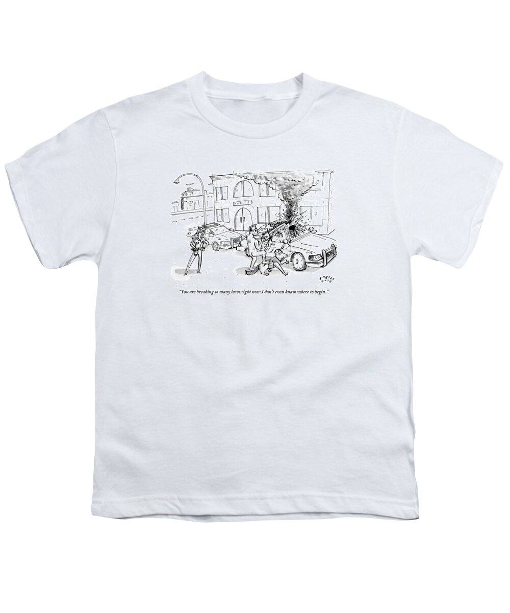 Naked Youth T-Shirt featuring the drawing A Policewoman To A Naked Man by Farley Katz