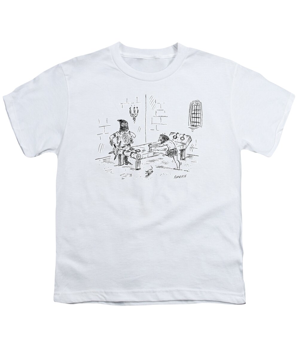 Athletes Youth T-Shirt featuring the drawing A Prisoner Is Seen Stretching On A Torture Rack by David Sipress
