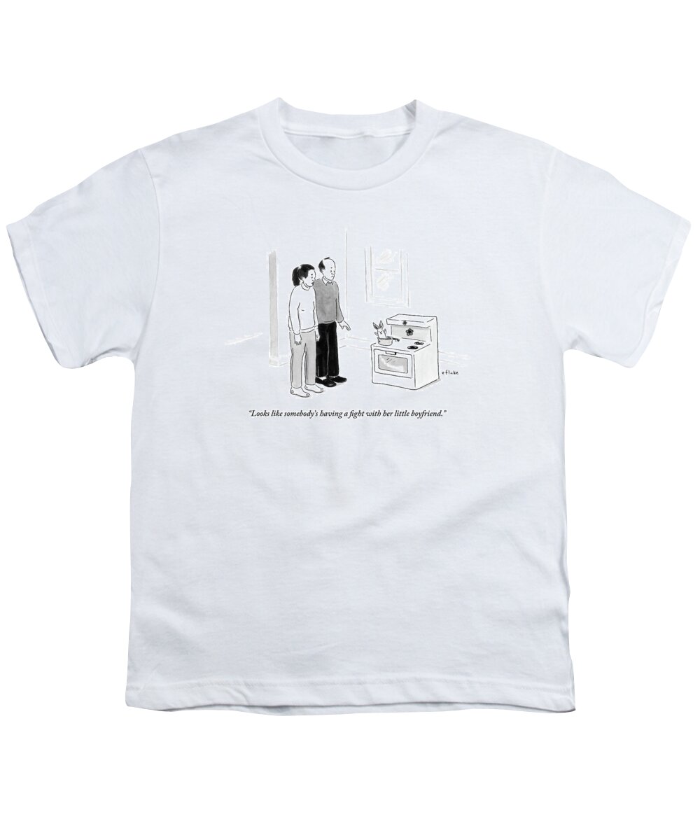 Parents Youth T-Shirt featuring the drawing A Rabbit Pops Out Of The Pot On The Stove To Poke by Emily Flake