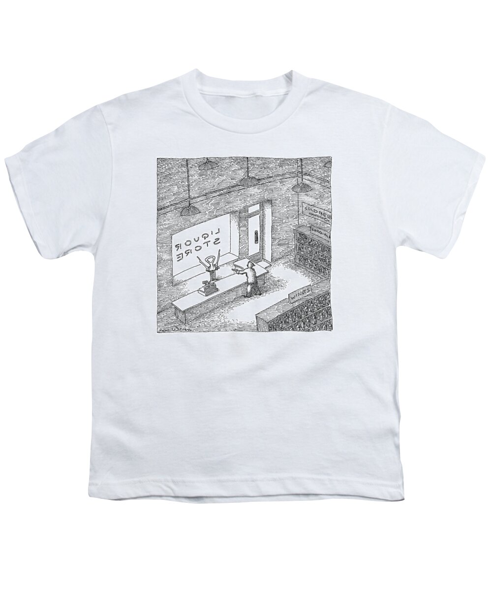 Liquor Store Youth T-Shirt featuring the drawing A Robber Holds Up A Liquor Store. The Clerk by John O'Brien