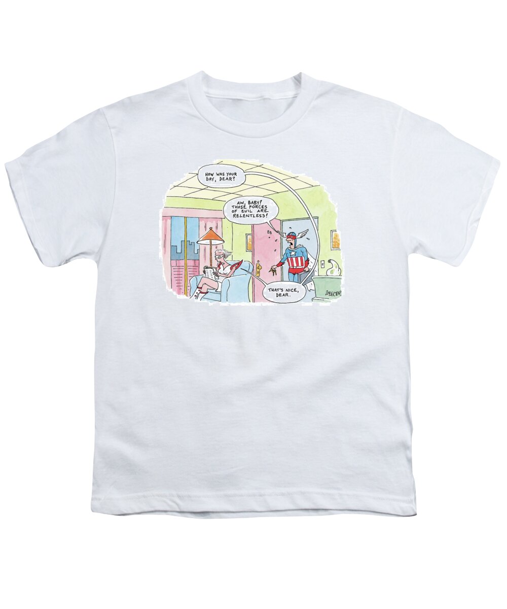 Husbands Coming Home Youth T-Shirt featuring the drawing A Superheroine Reads A Magazine In An Armchair by Jack Ziegler