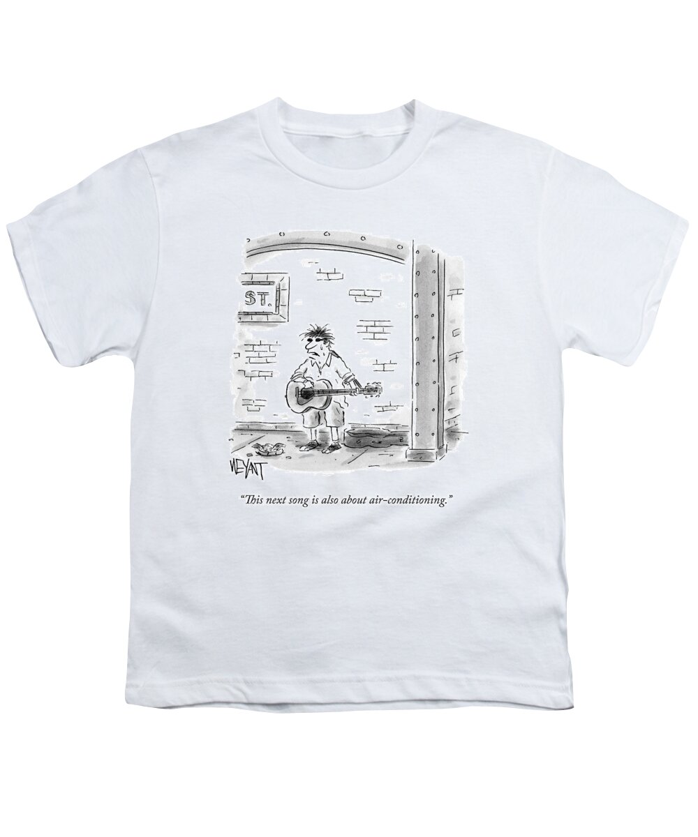 Subway Youth T-Shirt featuring the drawing A Sweaty Man Performs With A Guitar On A Subway by Christopher Weyant