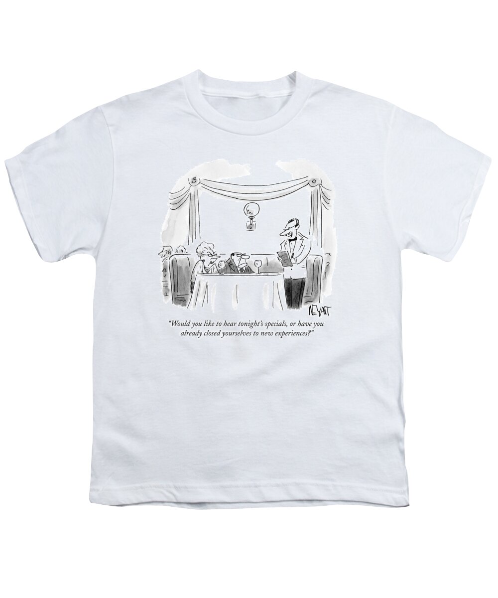 Old People Youth T-Shirt featuring the drawing A Waiter Speaks To An Old Couple At A Restaurant by Christopher Weyant