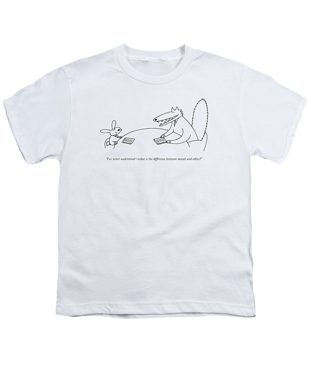 #condenastnewyorkercartoon Youth T-Shirt featuring the drawing A Wolf Discusses Morality With A Rabbit by Charles Barsotti