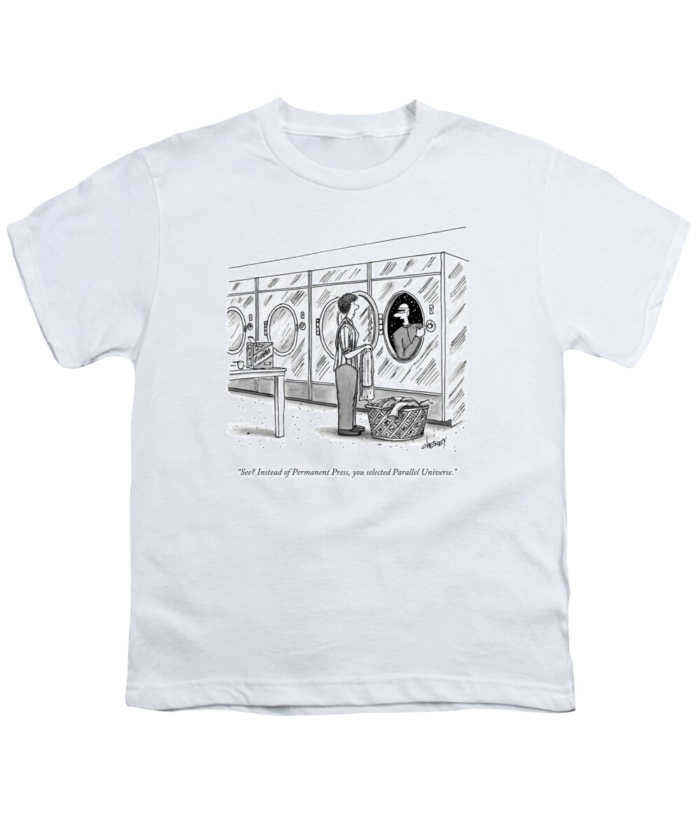Laundry Youth T-Shirt featuring the drawing A Woman Doing Laundry With A Spaceman Coming by Tom Cheney