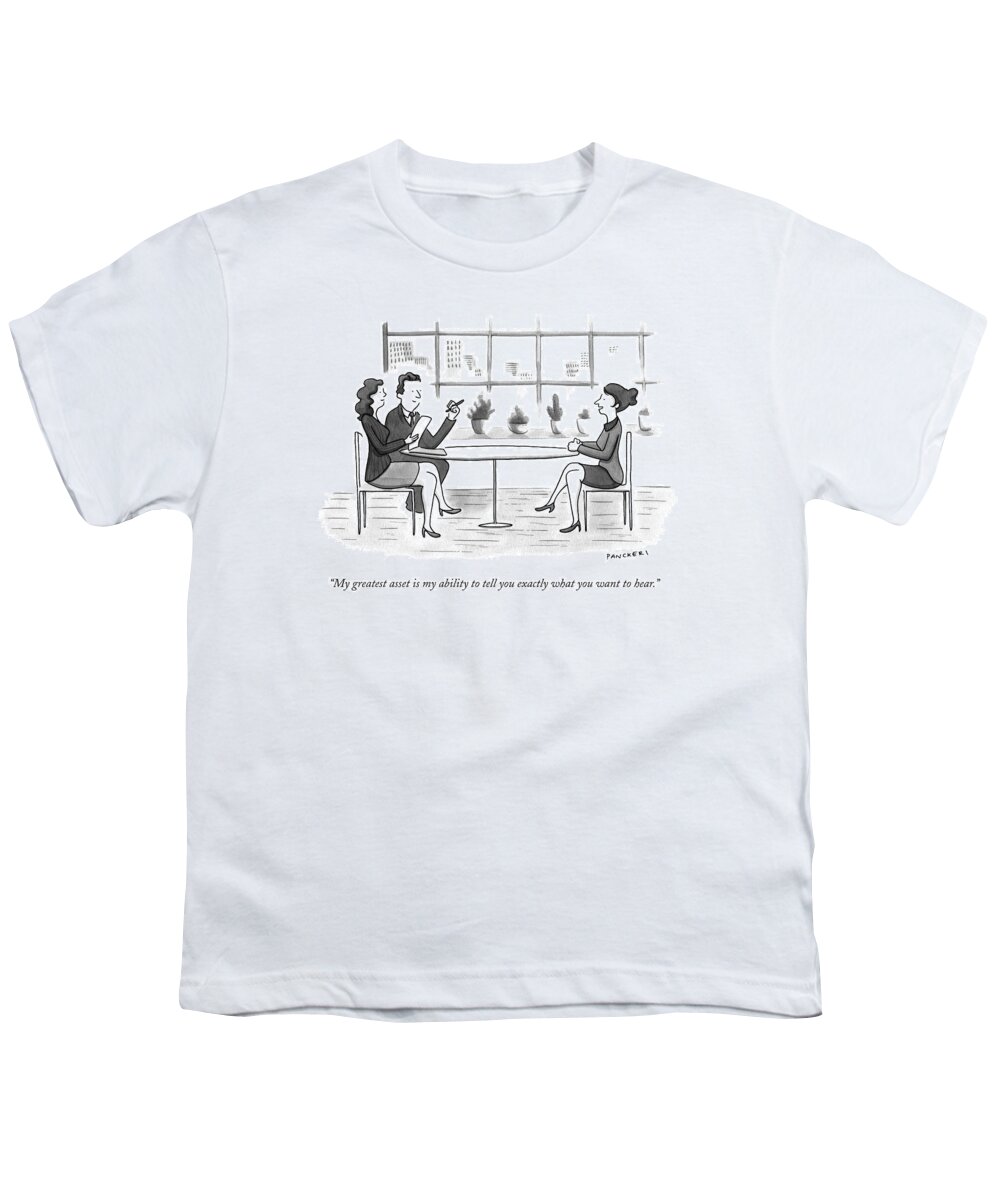 Job Interview Youth T-Shirt featuring the drawing A Woman Interviews For A Job by Drew Panckeri