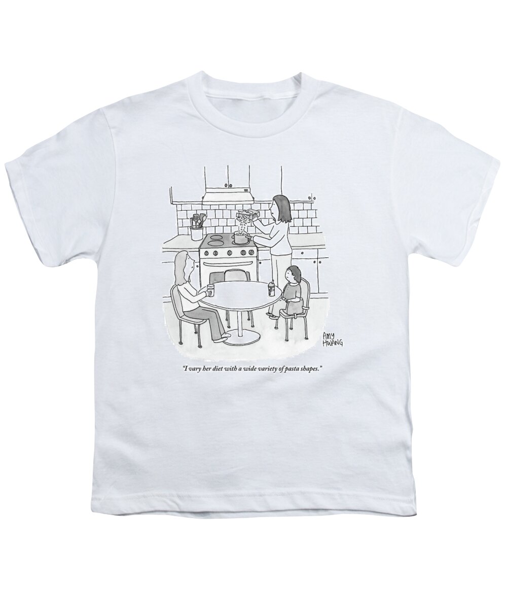 Dinner Youth T-Shirt featuring the drawing A Woman Is Pouring Pasta Into A Pot Of Boiling by Amy Hwang