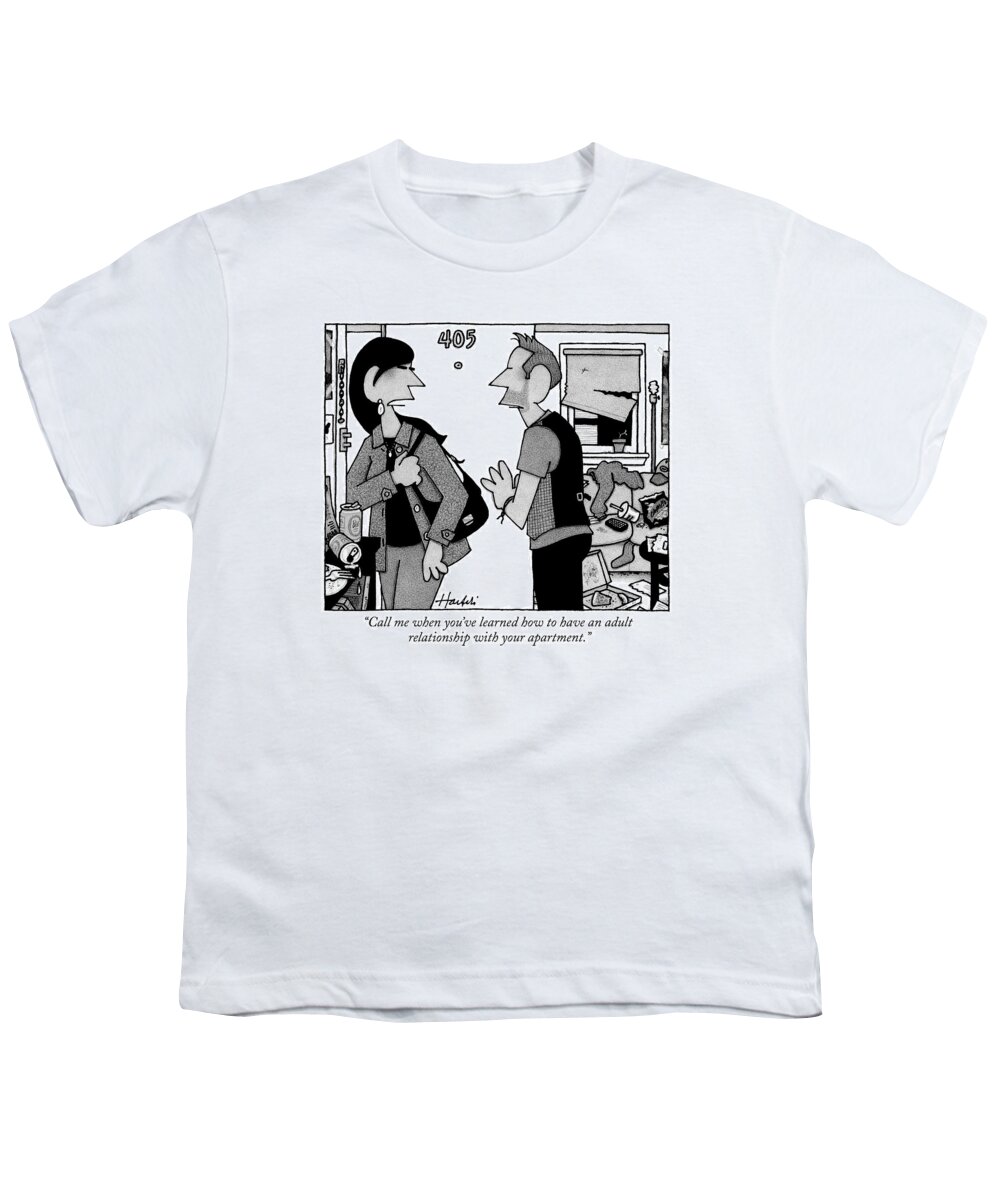 Relationships Youth T-Shirt featuring the drawing A Woman Leaves A Man's Apartment by William Haefeli