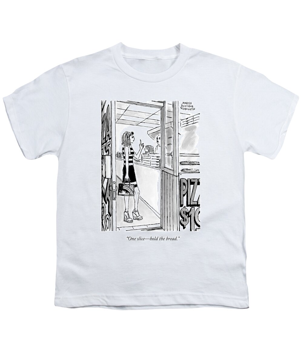 Pizza Youth T-Shirt featuring the drawing A Woman Orders A Pizza At The Counter by Marisa Acocella Marchetto
