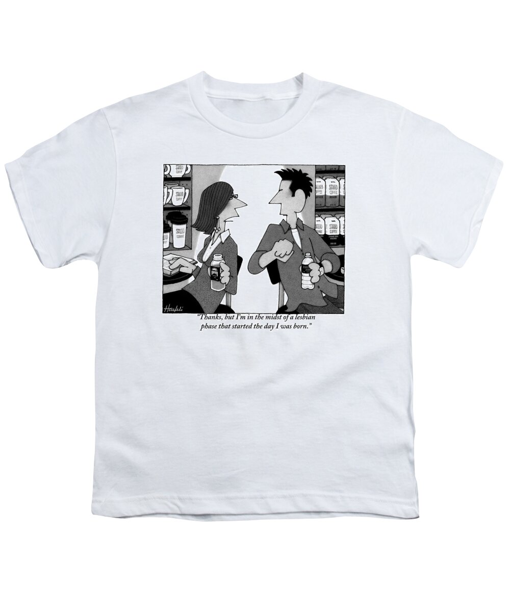 Love Scenes Youth T-Shirt featuring the drawing A Woman Sitting At A Coffee Table Turns To A Man by William Haefeli