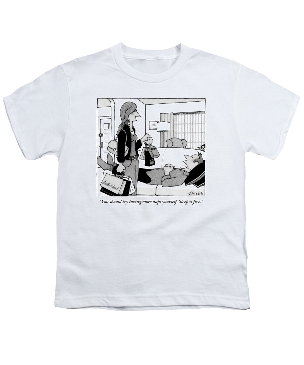 Sleep Youth T-Shirt featuring the drawing A Woman With Shopping Bags Is Seen Talking by William Haefeli