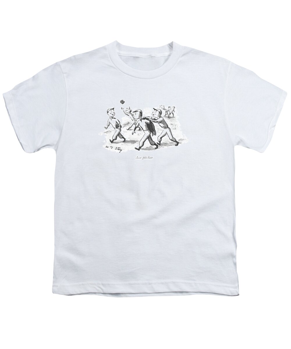 117778 Wst William Steig Ace Pitcher Kids Playing Baseball. Ace Athletes Athletics Baseball Cleanup Fry Kids Mile National Out Pastime Pitcher Players Playing Small Sport Sports Talking Wide 148305 Youth T-Shirt featuring the drawing Ace Pitcher by William Steig