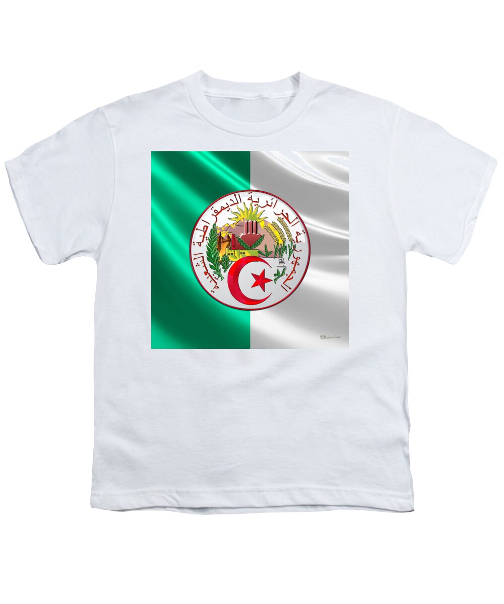 'world Heraldry' Collection By Serge Averbukh Youth T-Shirt featuring the digital art Algeria - Coat of Arms over Flag by Serge Averbukh