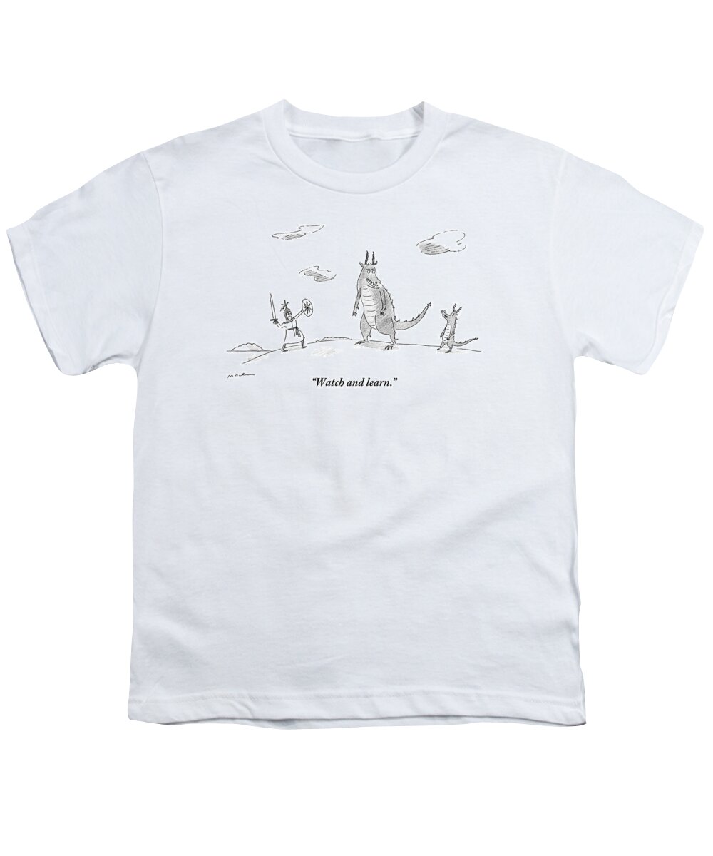 Dragons Youth T-Shirt featuring the drawing An Adult Dragon Instructs His Child Dragon by Michael Maslin