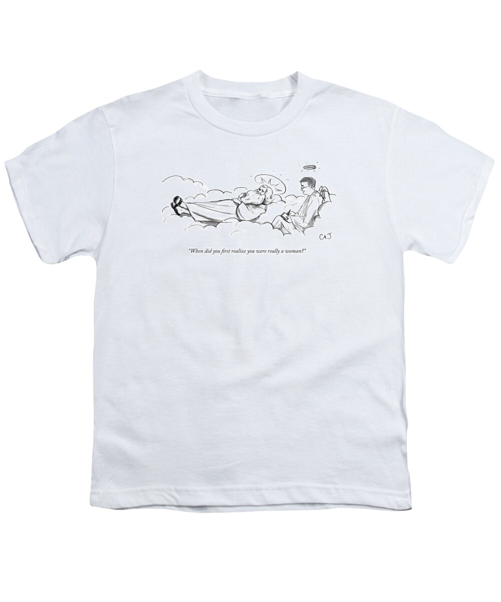 Cctk Heaven Youth T-Shirt featuring the drawing An Angel Therapist Takes Notes As God Lays by Carolita Johnson