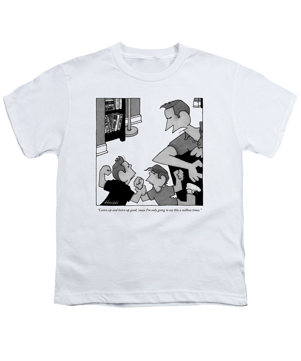 Children - Discipline Youth T-Shirt featuring the drawing An Angry Father Tells His Two Misbehaving Sons by William Haefeli