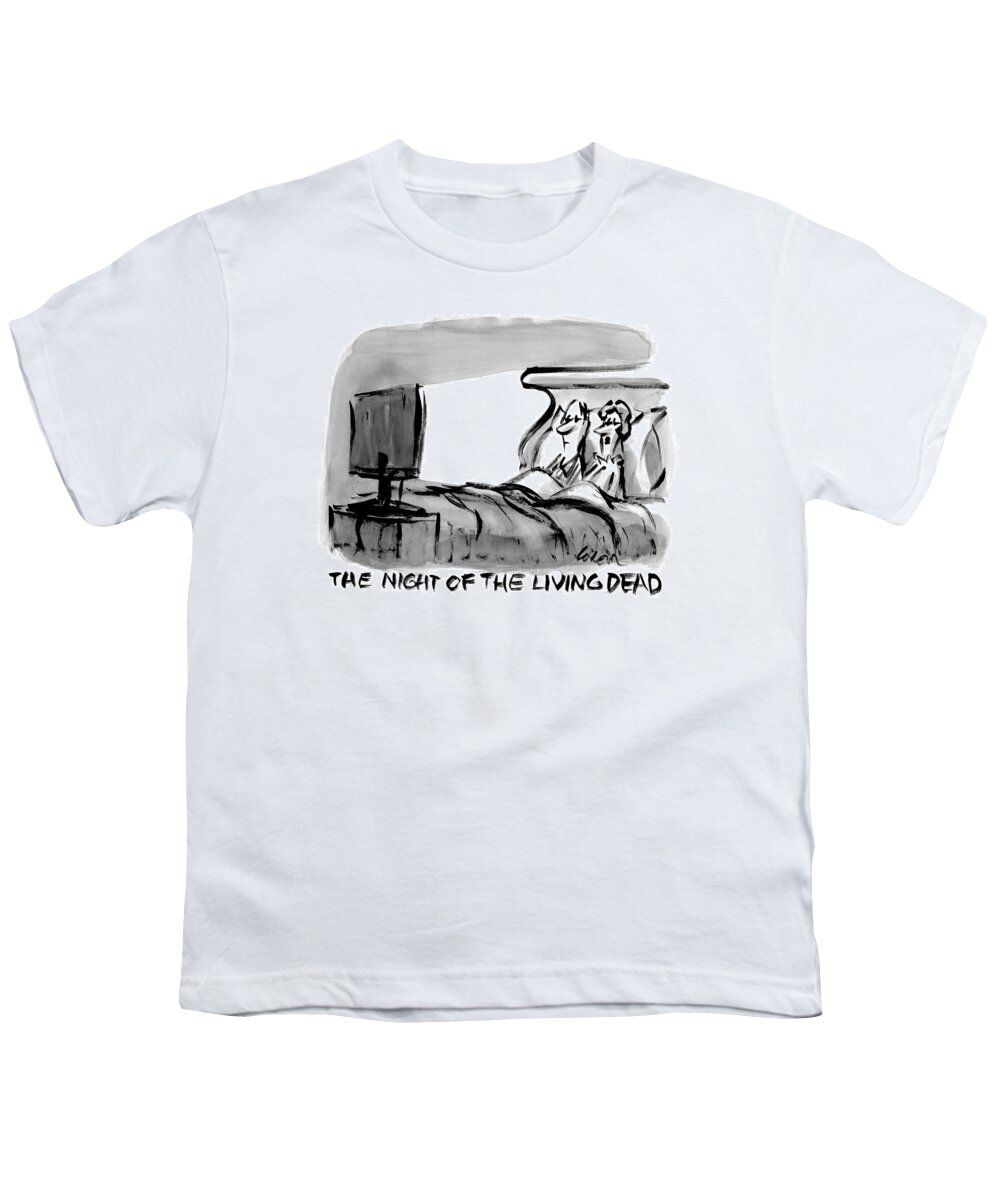 Marriage Youth T-Shirt featuring the drawing An Elderly Couple Sits Snugly In Bed by Lee Lorenz