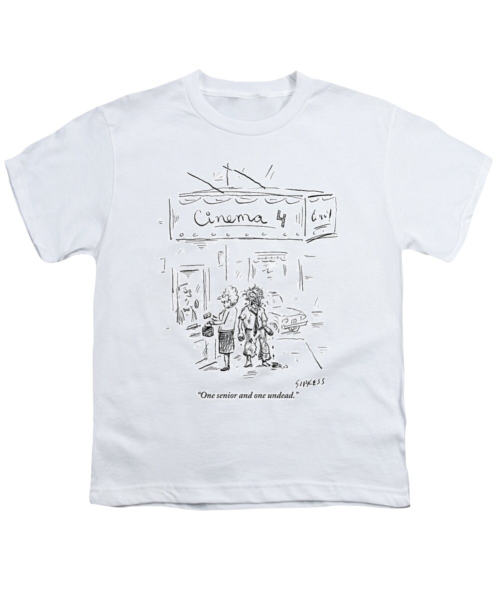 Movies Youth T-Shirt featuring the drawing An Elderly Woman And A Zombie Go To Buy Tickets by David Sipress