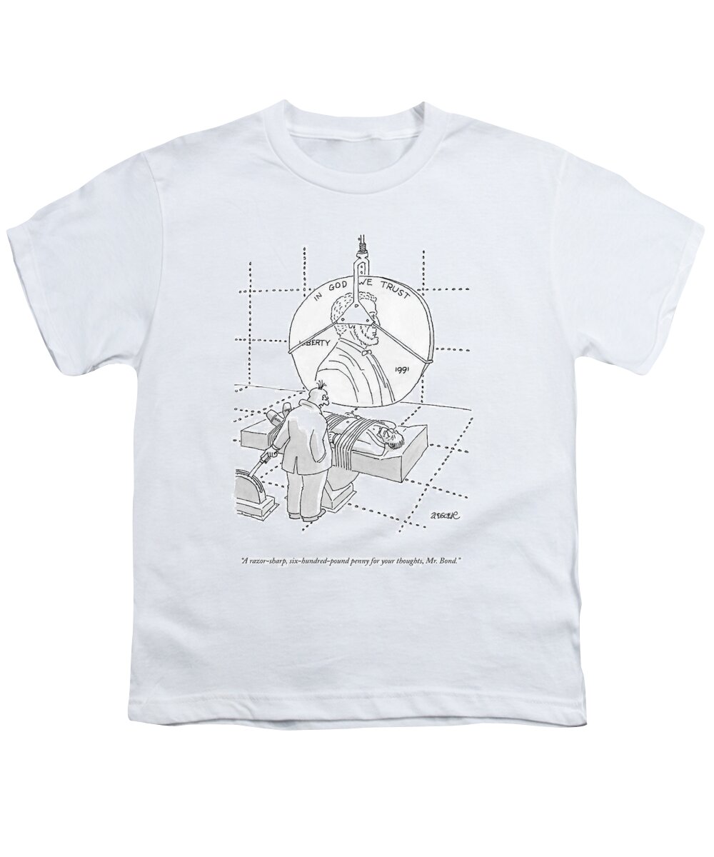 A Razor-sharp Youth T-Shirt featuring the drawing An Evil Criminal Holds A Lever That Is Lowering by Jack Ziegler