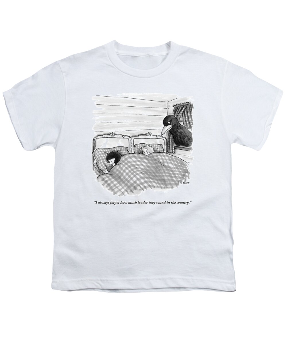 Travel Youth T-Shirt featuring the drawing An Overly Large Bird Peers Into The Bedroom by Carolita Johnson