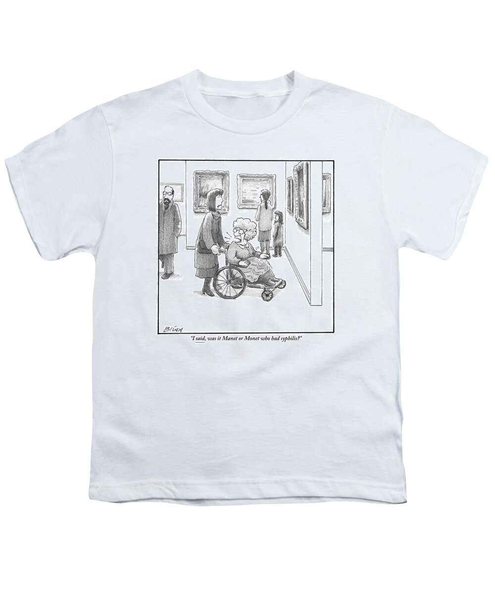 Std Youth T-Shirt featuring the drawing An Uncouth Old Lady Makes A Scene In The Art by Harry Bliss