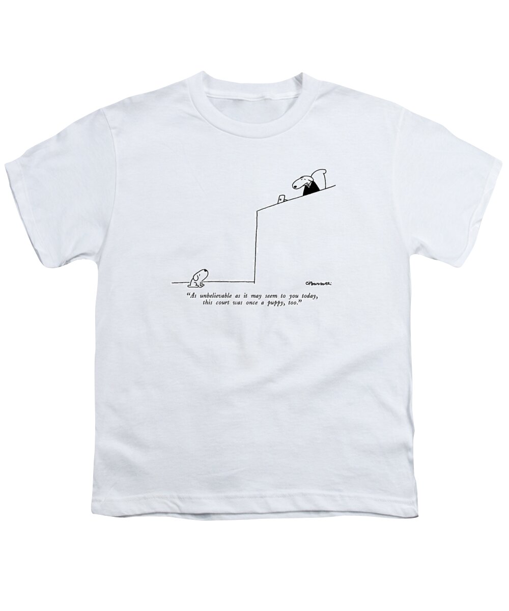 

 Dog Judge To Dog Defendant. Age Youth T-Shirt featuring the drawing As Unbelievable As It May Seem To You Today by Charles Barsotti