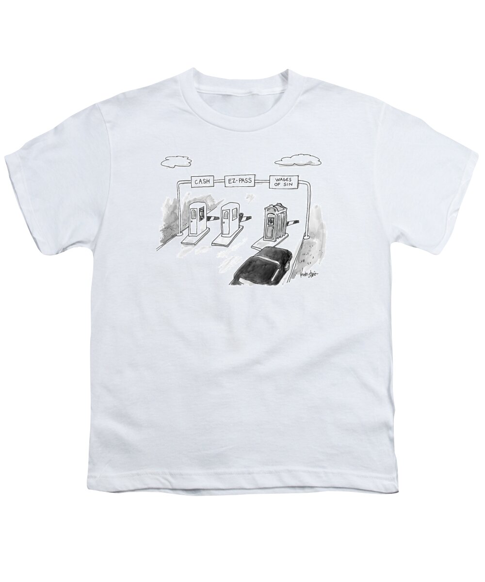 Cars Youth T-Shirt featuring the drawing At A Toll, A Black Car Goes Through A Booth by Ken Krimstein