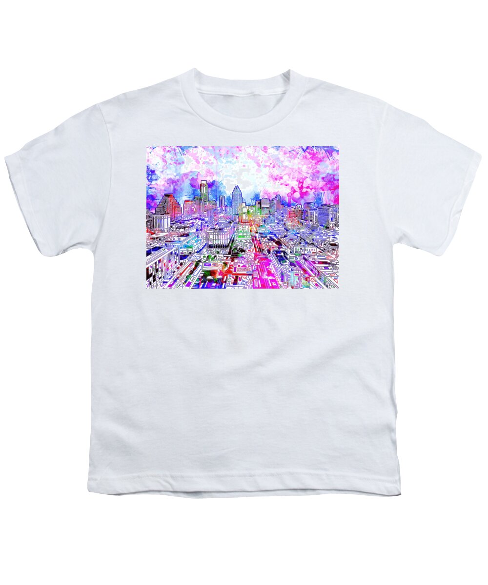 Austin Texas Youth T-Shirt featuring the painting Austin Texas Watercolor Panorama by Bekim M
