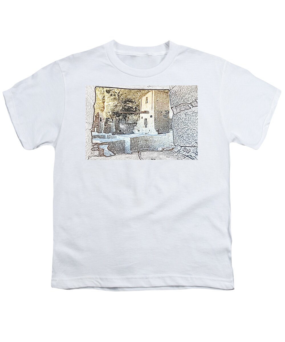 Mesa Verde Youth T-Shirt featuring the digital art Balcony House Window View at Mesa Verde National Park Anasazi Ruins Colored Pencil by Shawn O'Brien