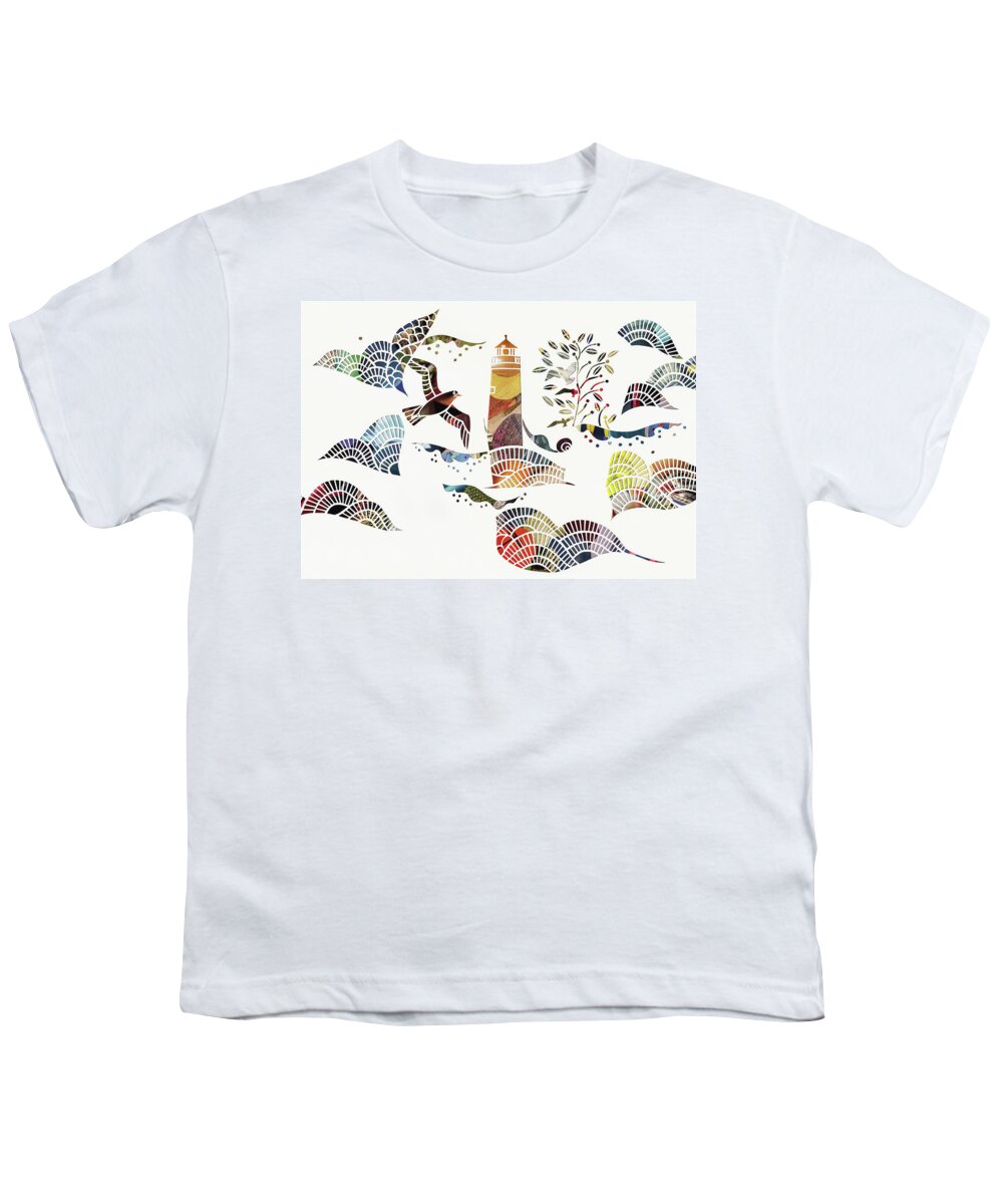 Abstract Youth T-Shirt featuring the photograph Birds And Waves Around Lighthouse At Sea by Ikon Ikon Images