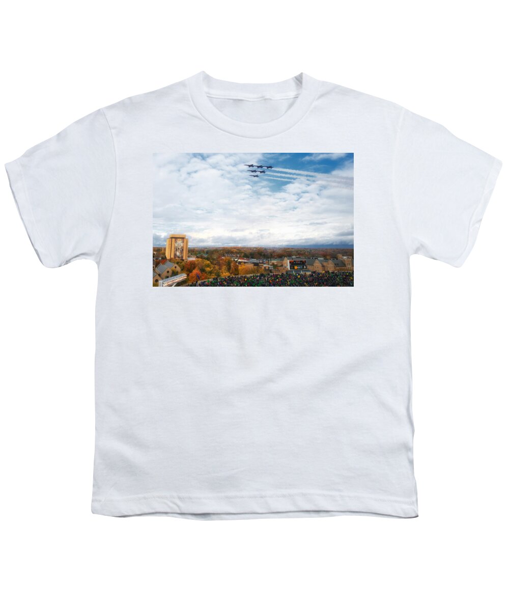 Notre Dame Stadium Youth T-Shirt featuring the photograph Blue Angels over Notre Dame Stadium by Mountain Dreams