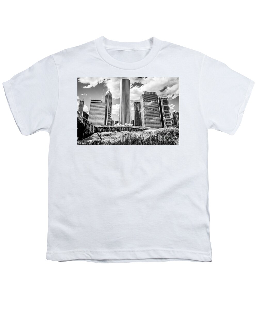 America Youth T-Shirt featuring the photograph Chicago Skyline Lurie Garden Black and White Picture by Paul Velgos