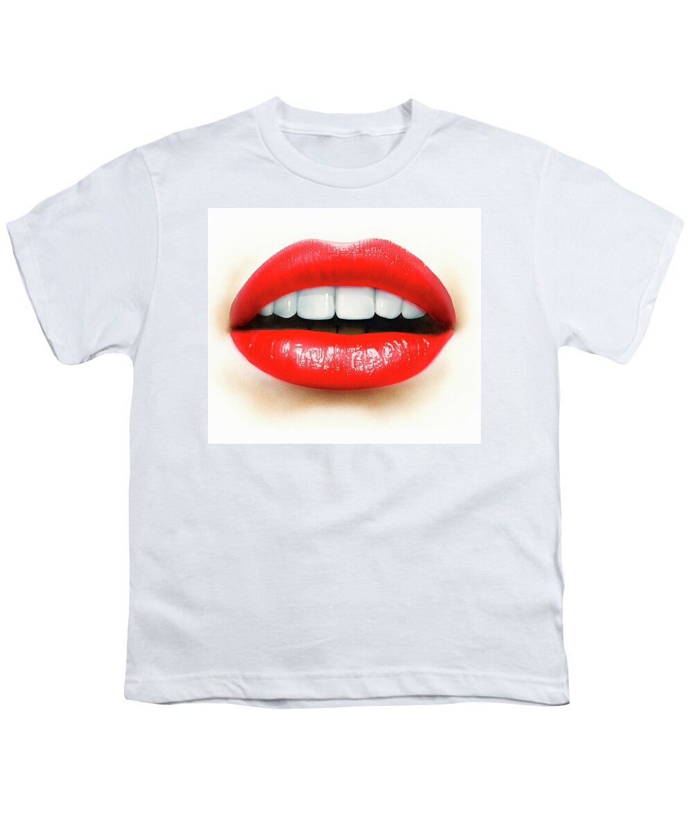 Adult Youth T-Shirt featuring the photograph Close Up Of Mouth, Teeth And Red Lips by Ikon Ikon Images