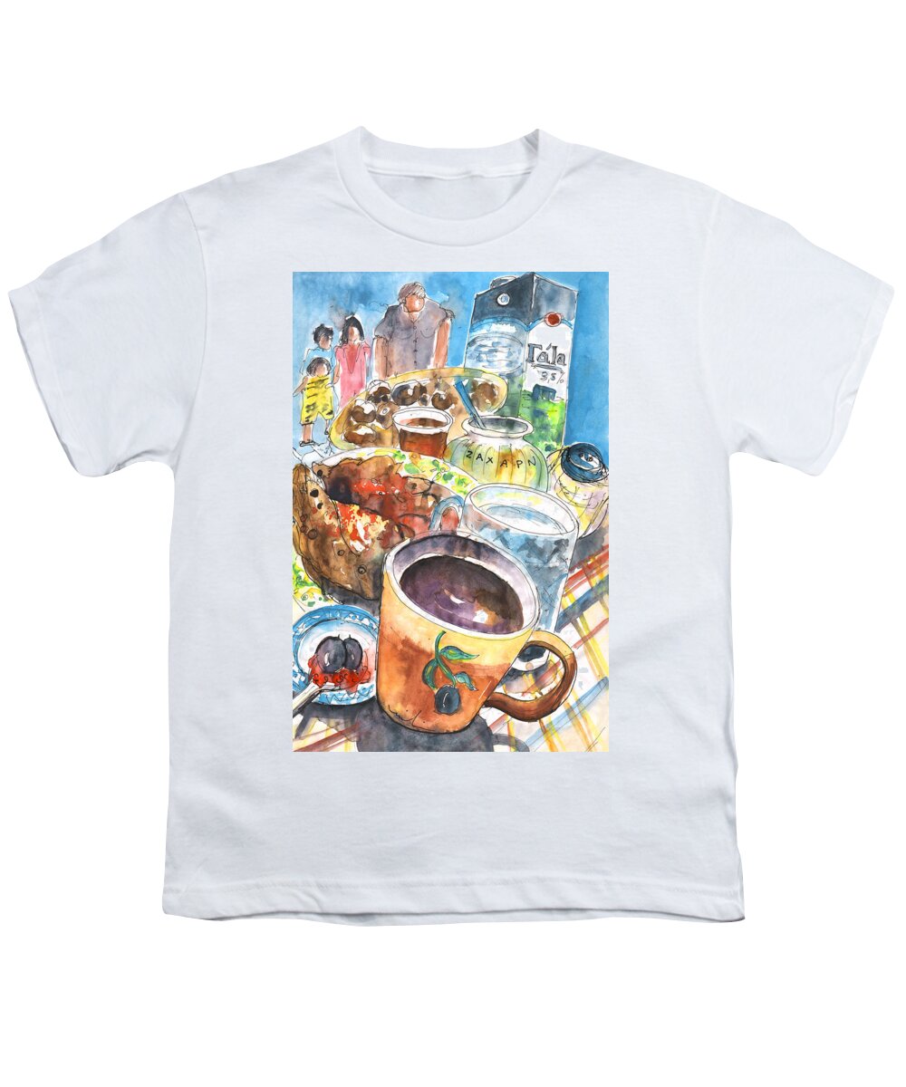 Travel Art Youth T-Shirt featuring the painting Coffee Break in Grakari in Crete by Miki De Goodaboom