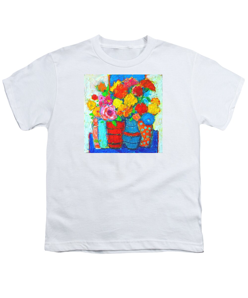 Flowers Youth T-Shirt featuring the painting Colorful Vases And Flowers - Abstract Expressionist Painting by Ana Maria Edulescu