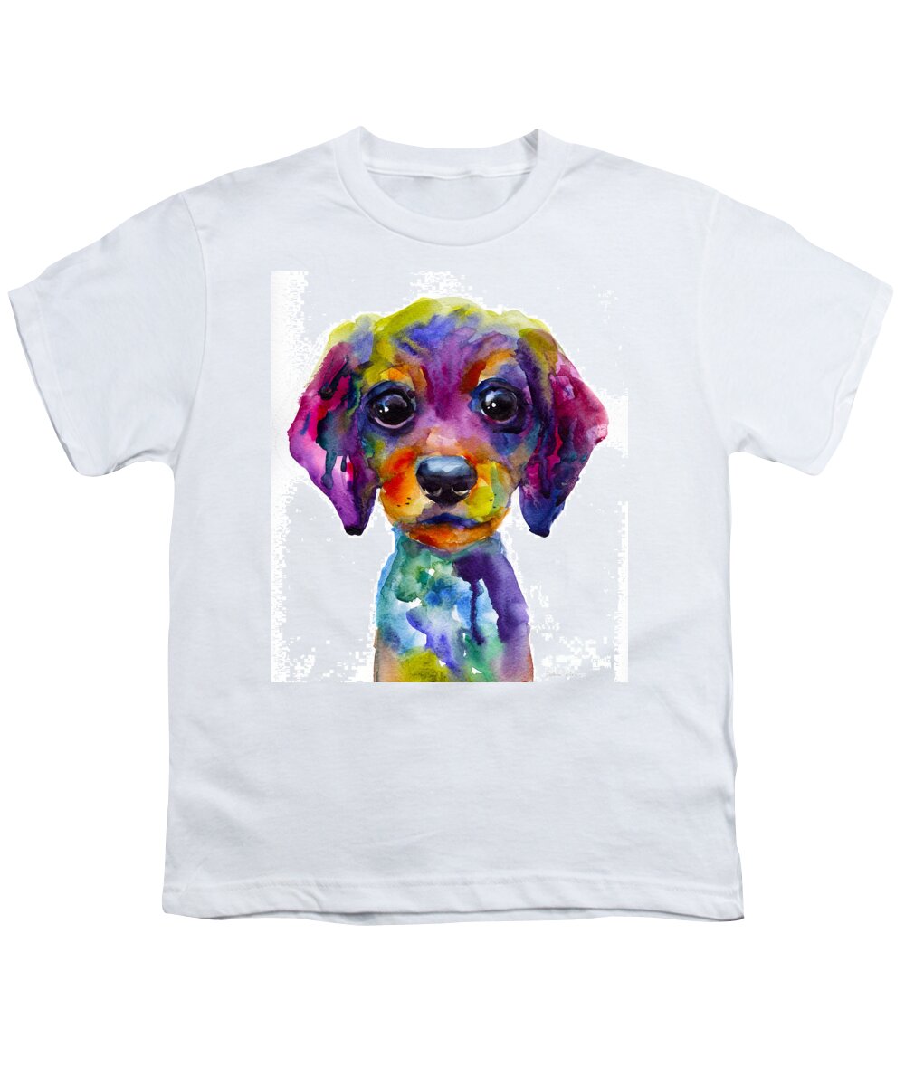 Whimsical Art Youth T-Shirt featuring the painting Colorful whimsical Daschund Dog puppy art by Svetlana Novikova