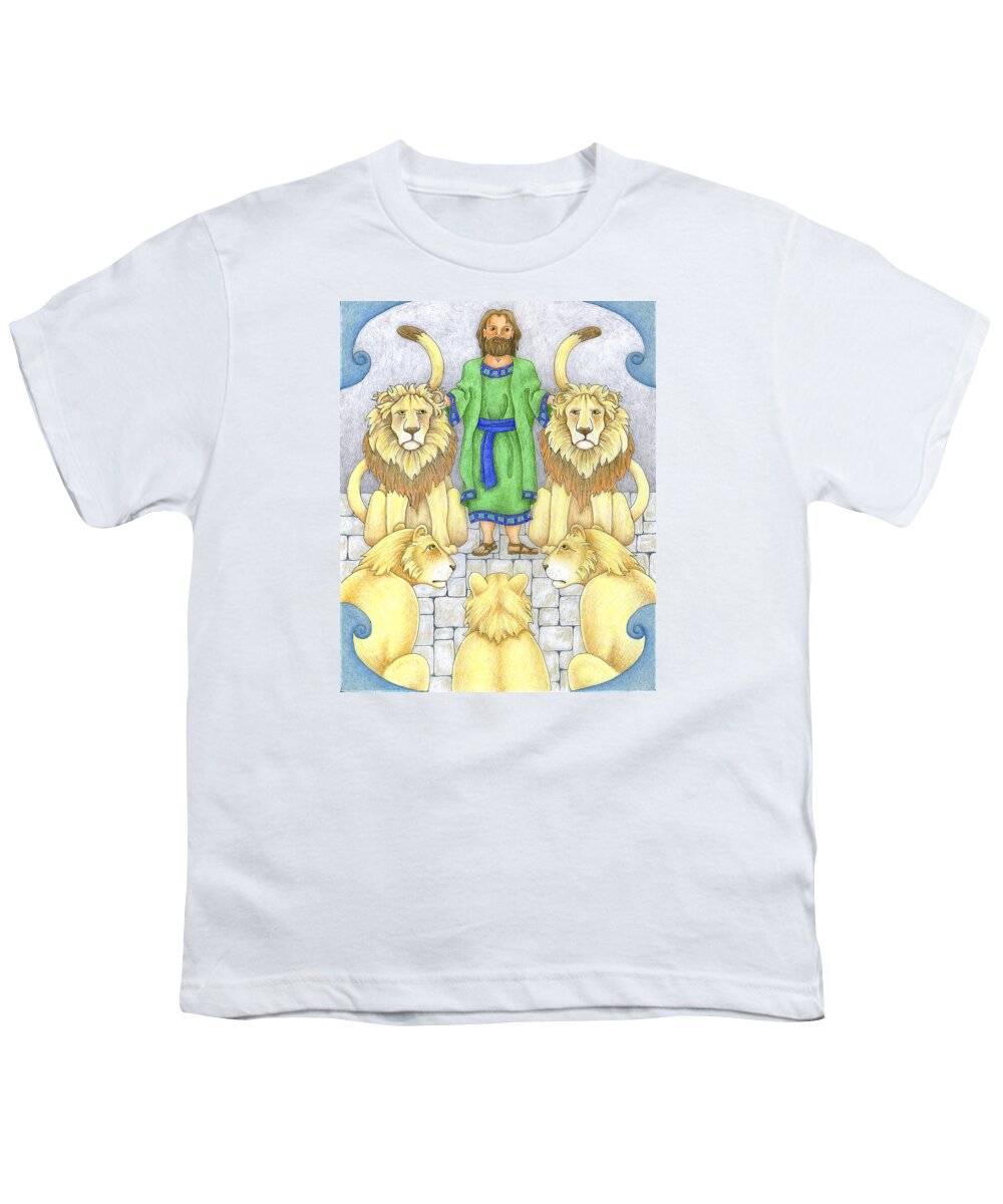 Bible Youth T-Shirt featuring the drawing Daniel In The Lions' Den by Alison Stein