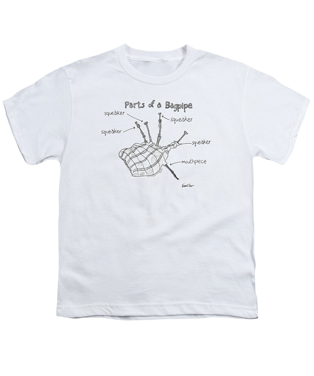 Captionless Bag Pipes Youth T-Shirt featuring the drawing Diagram Entitled Parts Of A Bagpipe by Ken Krimstein