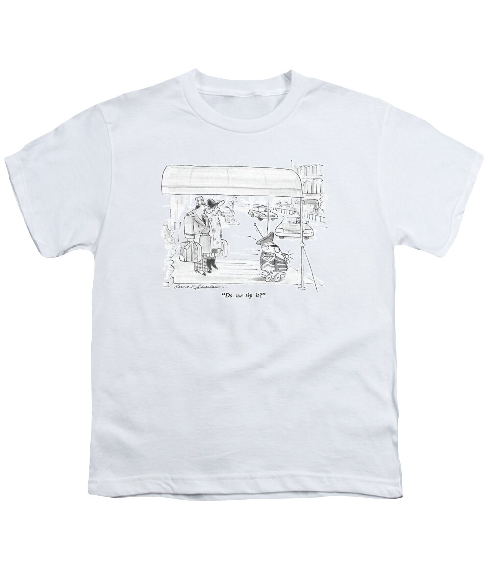 
No Caption
Man Walks By Bar Whose Name Is On The Window Youth T-Shirt featuring the drawing Do We Tip It? by Bernard Schoenbaum