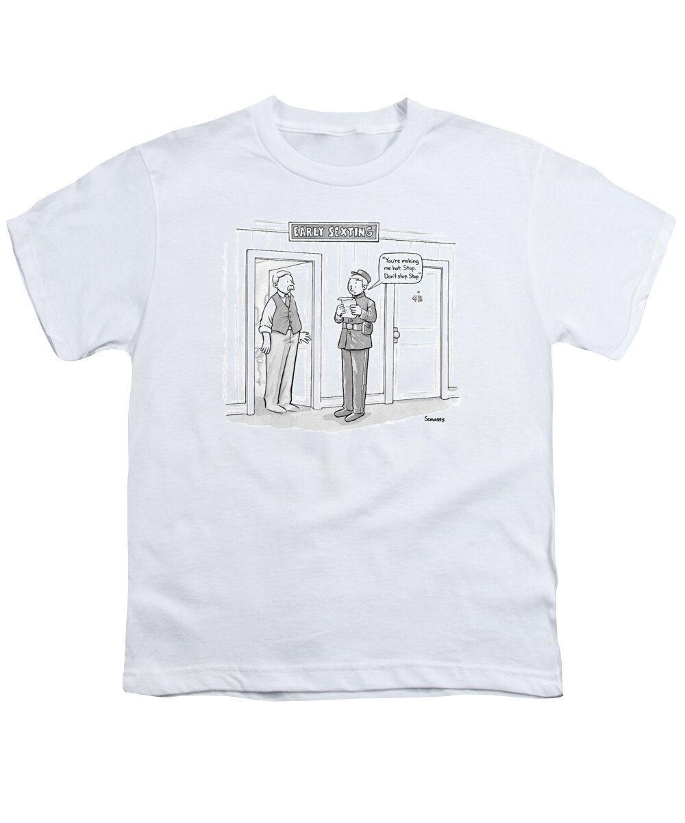 Captionless Sex Youth T-Shirt featuring the drawing Early Sexting -- An Old-style Bellhop Reads An by Benjamin Schwartz