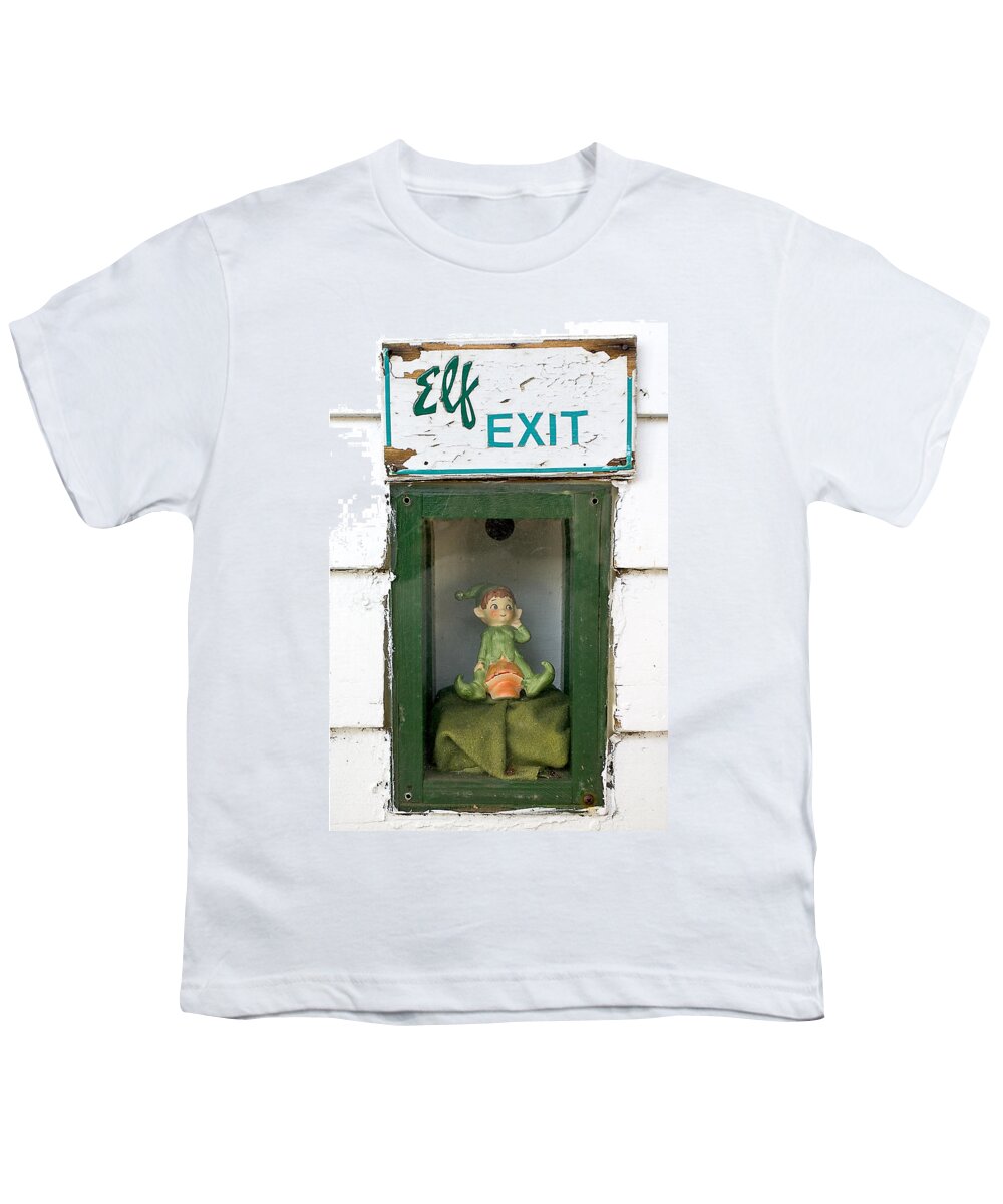Humor Youth T-Shirt featuring the photograph elf exit, Dubuque, Iowa by Steven Ralser