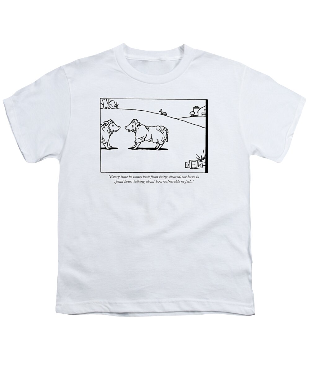 Sheep Youth T-Shirt featuring the drawing Every Time He Comes Back From Being Sheared by Bruce Eric Kaplan