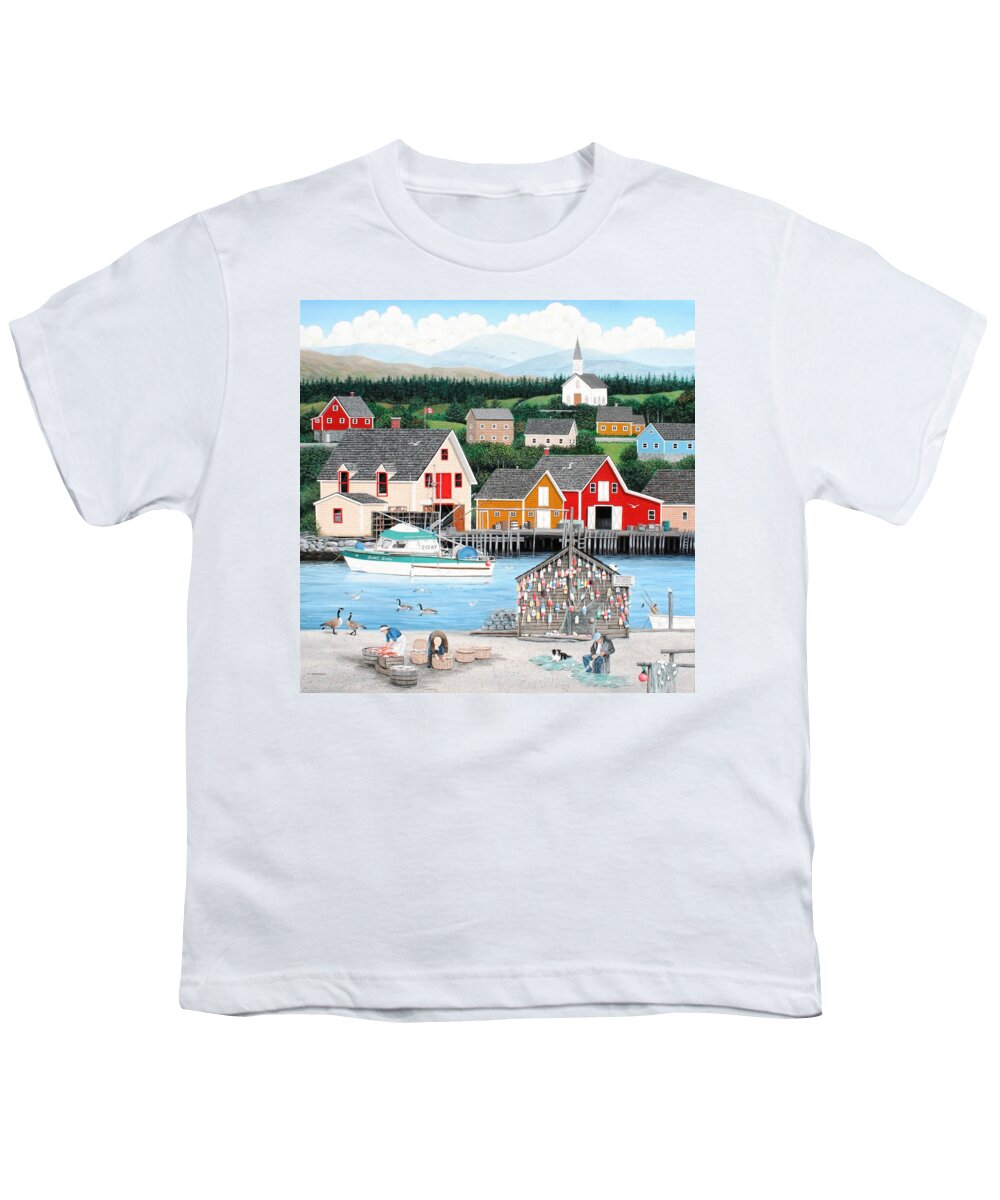 Seascape Youth T-Shirt featuring the painting Fisherman's Cove by Wilfrido Limvalencia