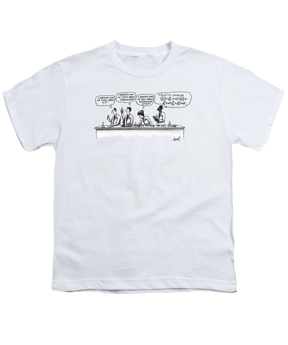 No Caption Youth T-Shirt featuring the drawing Four Scientists Working In A Lab by Tom Cheney