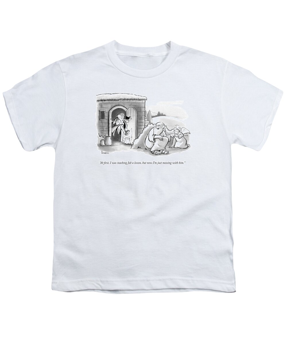 G-d Youth T-Shirt featuring the drawing G-d And An Angel Watch As Job Stamps Out A Paper by Benjamin Schwartz